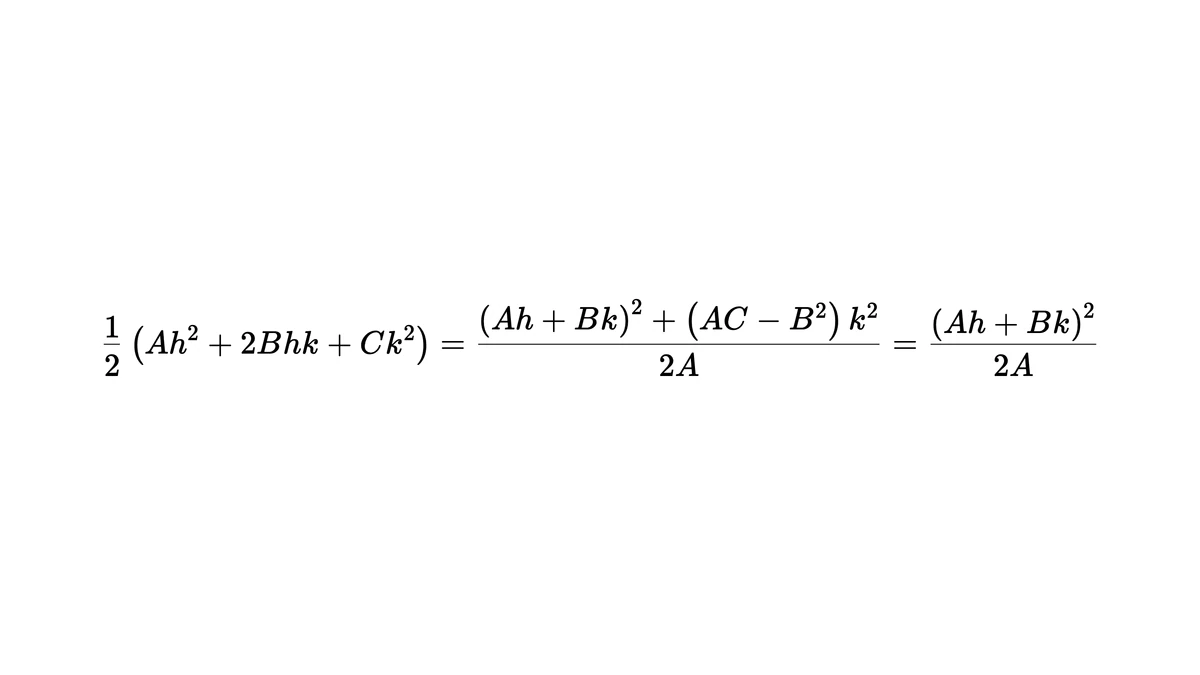 AC−B²=0 时二次部分化成 (Ah+Bk)² 除以 2A