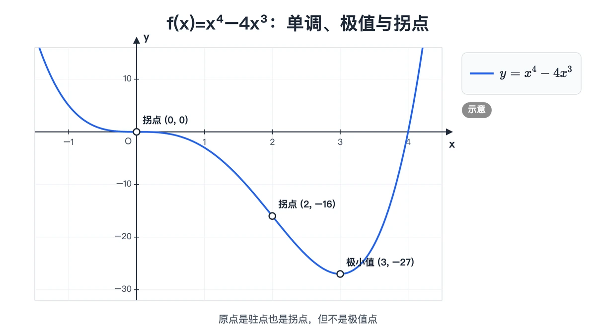 x⁴−4x³ 的示意图,标出极小值点与两个拐点