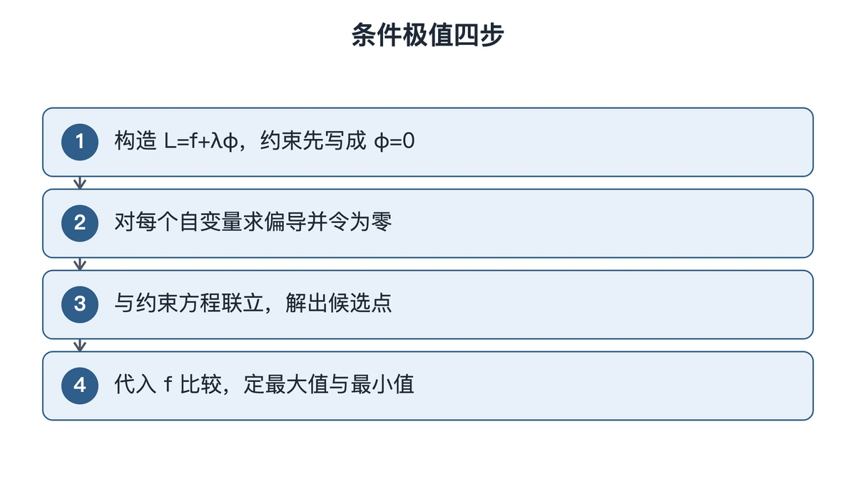 拉格朗日乘数法构造、求偏导、联立、比较四步