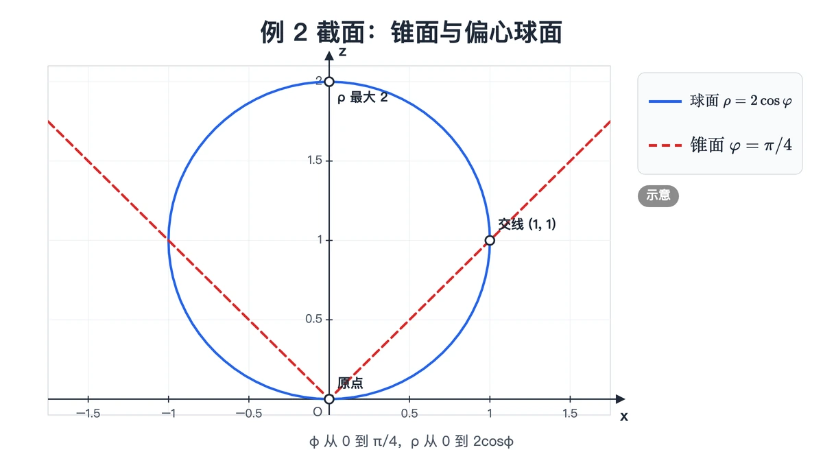 例 2 在 xOz 面的截面:锥面两条母线与偏心圆