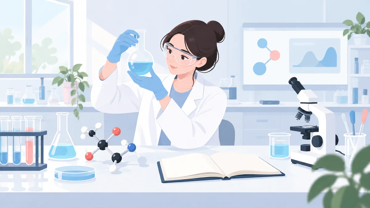 研究员观察烧瓶与分子模型