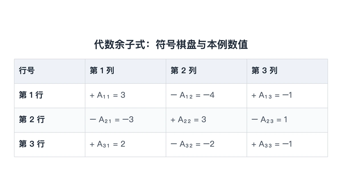 三阶代数余子式的正负号棋盘与本例九个余子式